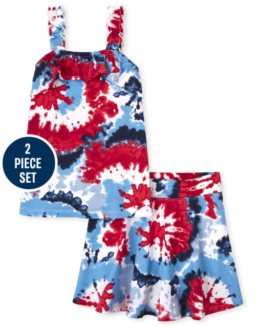 Girls Americana Sleeveless Ruffle Tank Top And Knit Skort Tie Dye 2-Piece Set