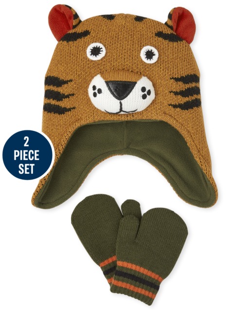 Toddler Boys Tiger Hat And Mittens Set