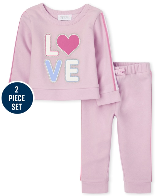 Toddler Girls Long Sleeve 'Love' Sweatshirt And Side Stripe Knit Pants 2-Piece Set