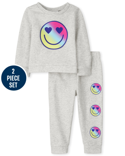 Toddler Girls Active Long Sleeve Rainbow Smiley Face Fleece Sweatshirt And Knit Sweatpants 2-Piece Set