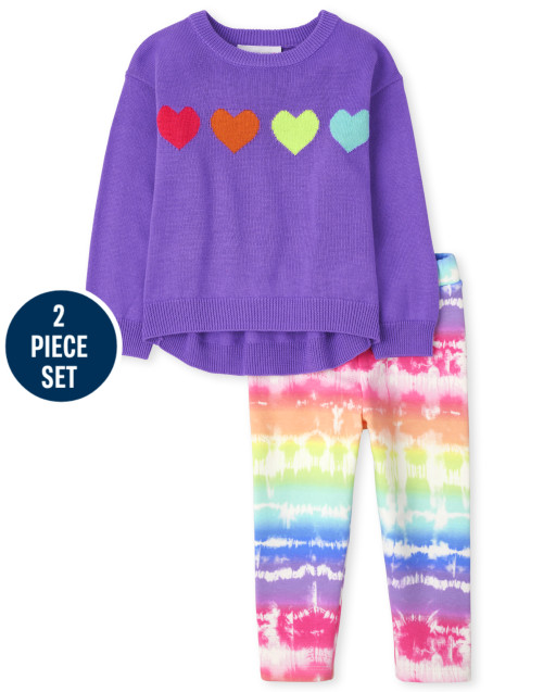Conjunto de 2 piezas de suéter de manga larga con corazón de arcoíris y leggings de punto con efecto tie dye para niñas pequeñas