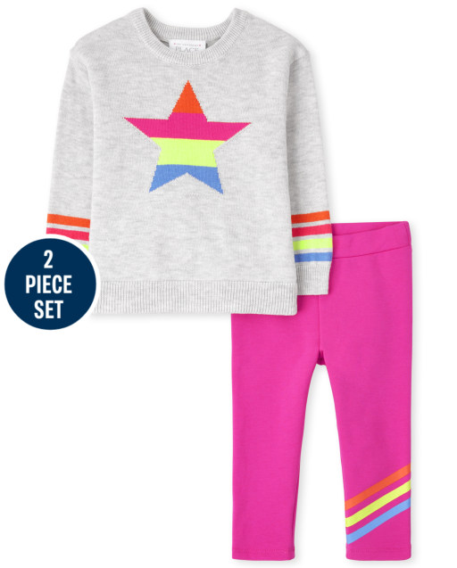 Conjunto de 2 piezas de suéter de estrella arcoíris de manga larga y leggings de punto para niñas pequeñas
