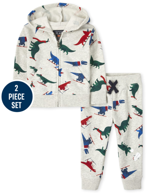 Toddler Boys Long Sleeve Dino Print Fleece Zip Up Hoodie And Jogger Pants 2-Piece Set