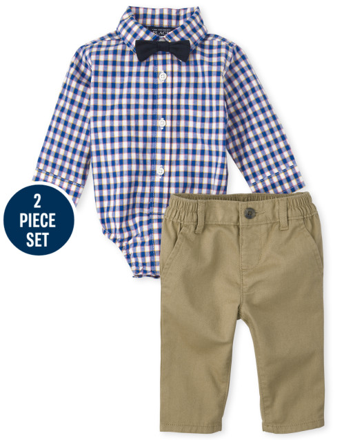 Baby Boys Long Sleeve Gingham Print Poplin Button Down Bodysuit And Woven Chino Pants 2-Piece Set