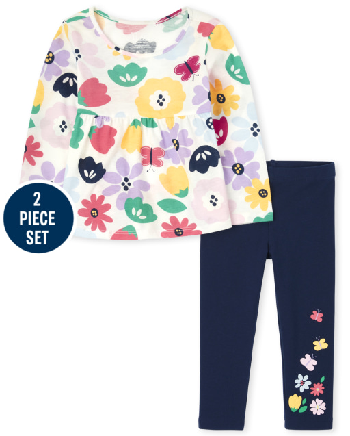 Toddler Girls Mix And Match Long Sleeve Floral Empire Top And Floral Knit Leggings 2-Piece Set