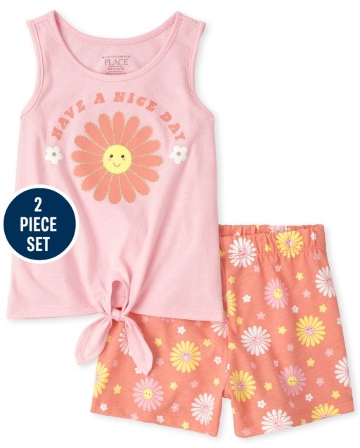 Conjunto de 2 piezas de top sin mangas con lazo al frente y shorts florales para niñas pequeñas