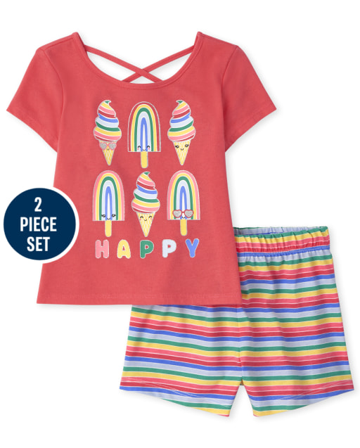 Conjunto de 2 piezas de top con espalda cruzada y pantalones cortos con rayas de arcoíris de manga corta para niñas pequeñas