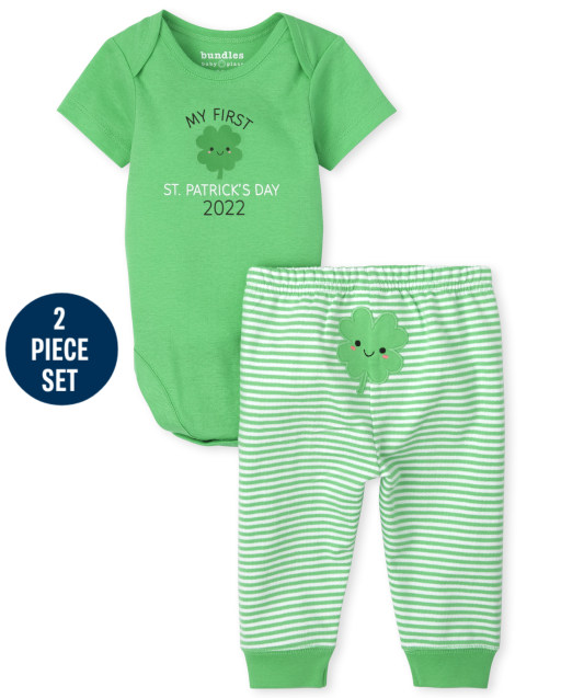 Unisex Baby Short Sleeve 'My First St. Patrick's Day 2022' Bodysuit And Striped Knit Pants 2-Piece Set