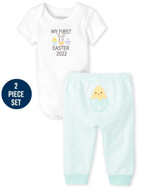Unisex Baby Short Sleeve 'My First Easter 2022' Bodysuit And Striped Knit Pants 2-Piece Set
