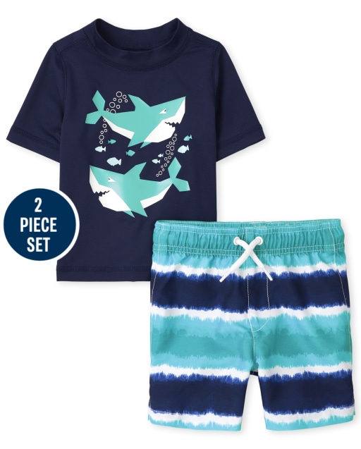 Baby And Toddler Boys Short Sleeve Surfboard Graphic Rashguard And Striped Print Swim Trunks Swim Set