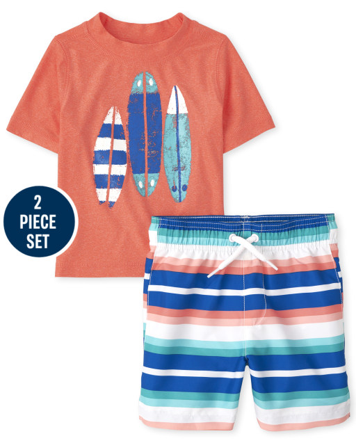 Baby And Toddler Boys Short Sleeve Surfboard Graphic Rashguard And Striped Print Swim Trunks Swim Set