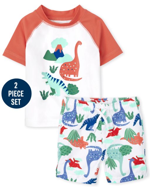 Baby And Toddler Boys Short Sleeve Graphic Rashguard And Print Swim Trunks Swim Set