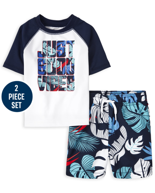 Baby And Toddler Boys Short Sleeve Graphic Rashguard And Print Swim Trunks Swim Set