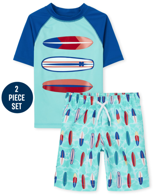 Conjunto de traje de baño con estampado gráfico de tabla de surf y manga raglán corta para niños