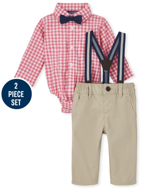 Baby Boys Long Sleeve Gingham Poplin Button Down Bodysuit Woven Chino Pants Bow Tie And Suspenders Outfit Set
