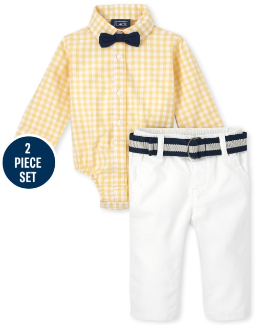 Baby Boys Long Sleeve Plaid Poplin Button Down Bodysuit Woven Chino Pants Bow Tie And Suspenders Outfit Set