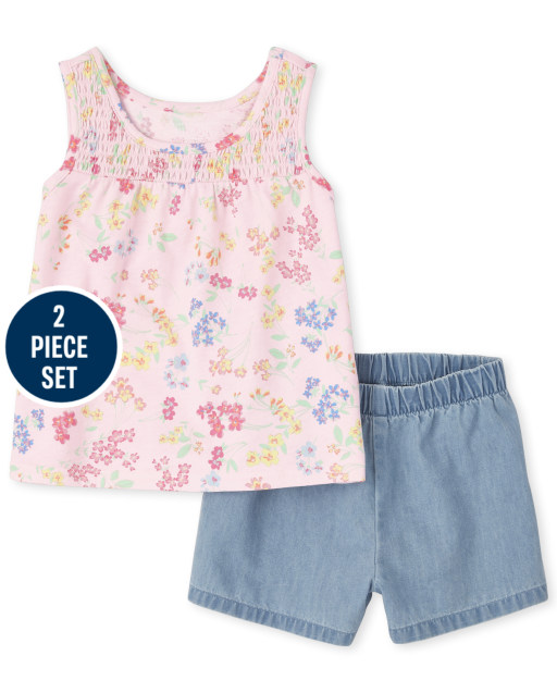 Conjunto de 2 piezas de camiseta sin mangas con frunces de fruncido floral y pantalones cortos de punto para niñas pequeñas Mix and Match