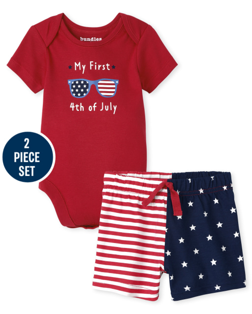 Baby Boys Short Sleeve 'My First 4th Of July' Bodysuit And Flag Knit Shorts 2-Piece Playwear Set