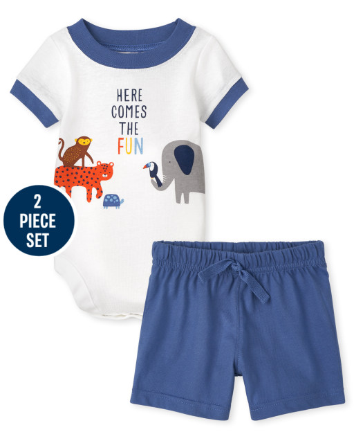 Conjunto de ropa de juego de 2 piezas de mono de manga corta con animal y pantalones cortos de punto para bebé niño