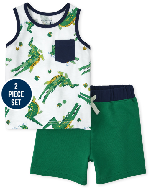 Conjunto de 2 piezas de camiseta sin mangas con bolsillo de cocodrilo y pantalones cortos de punto French Terry para niños pequeños Mix and Match