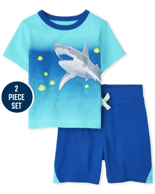 Conjunto de 2 piezas de top de tiburón de manga corta y pantalones cortos de punto Mix and Match para niños pequeños