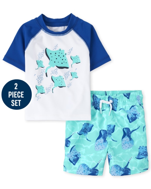 Toddler Boys Short Sleeve Stingray Graphic Rashguard And Print Swim Trunks Swim Set