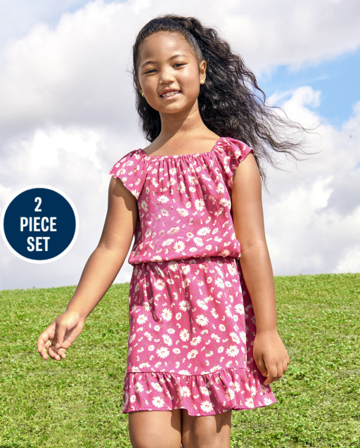 The Children's Place Girls Floral Top and Ruffle Skirt 2-Piece Set - Pink - S (5/6)