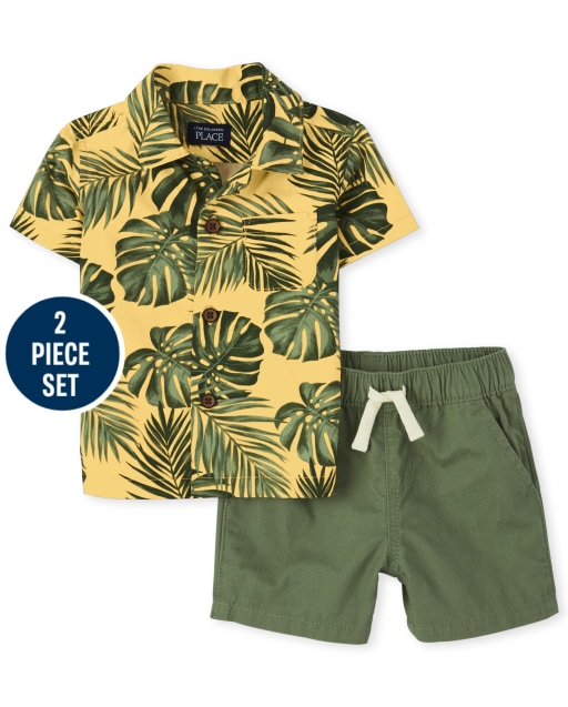 Baby Boys Short Sleeve Tropical Leaf Poplin Button Down Shirt And Woven Jogger Shorts 2-Piece Set