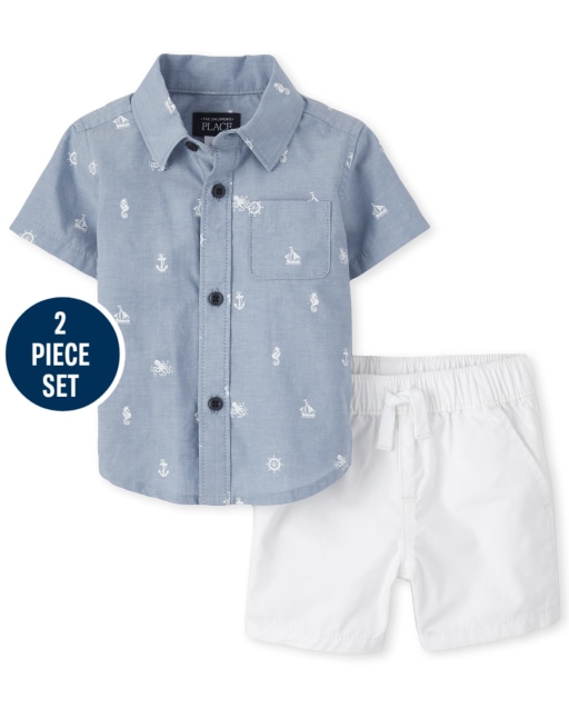 Conjunto de 2 piezas de camisa abotonada de popelina náutica de manga corta para bebés y pantalones cortos de chándal tejidos