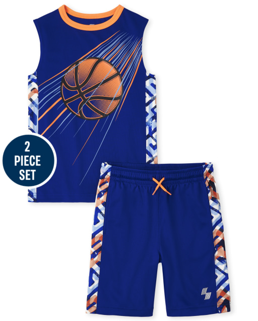 Conjunto de 2 piezas de camiseta sin mangas con estampado gráfico sin mangas y pantalones cortos de baloncesto de alto rendimiento para niños Mix and Match
