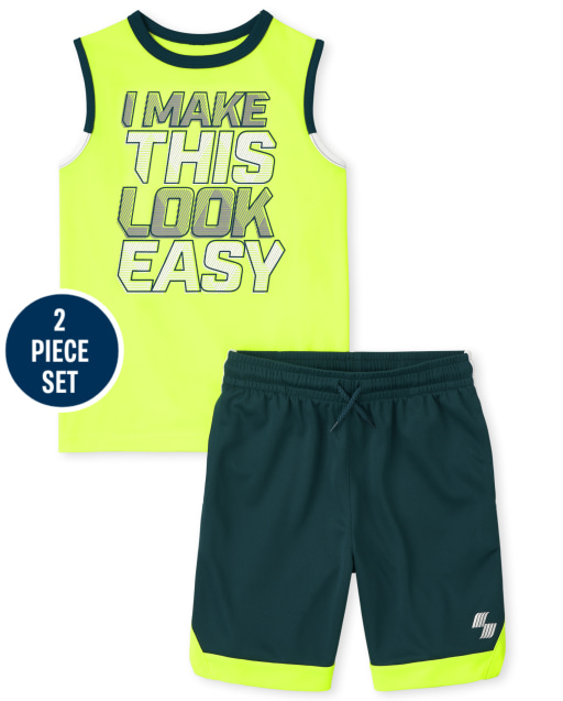 Boys Mix And Match Sleeveless Graphic Muscle Tank Top And Performance Basketball Shorts 2-Piece Performance Set