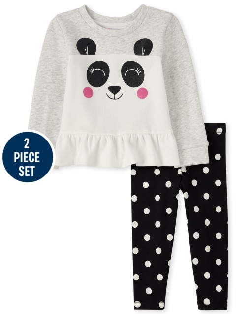 Toddler Girls Long Sleeve Panda Sweatshirt And Dot Print Knit Leggings 2-Piece Set