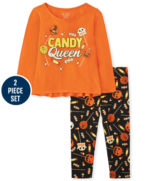 Toddler Girls Long Sleeve 'Candy Queen' Graphic Top And Candy Print Knit Leggings 2-Piece Set