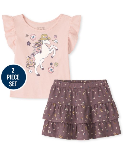 Conjunto de 2 piezas con top de unicornio de manga corta y falda pantalón con volante floral para niñas pequeñas