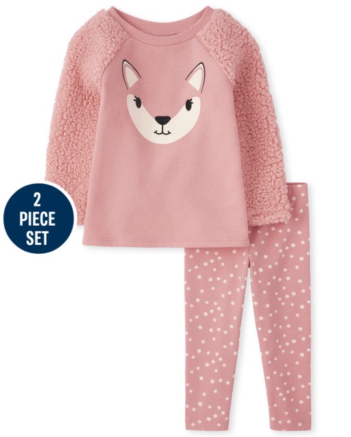 Toddler Girls Long Sleeve Fox Sweatshirt And Dot Print Knit Leggings 2-Piece Set