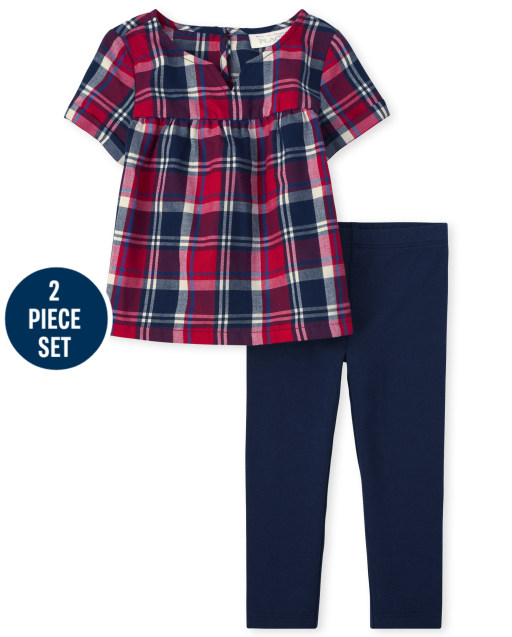 Toddler Girls Short Sleeve Plaid Empire Top And Solid Knit Leggings 2-Piece Set