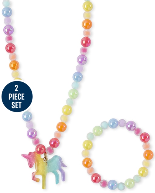 Girls Rainbow Unicorn Beaded Necklace And Bracelet Set