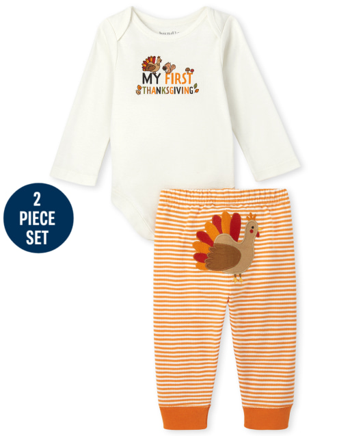 Unisex Baby Long Sleeve 'My First Thanksgiving' Bodysuit And Striped Knit Pants With Turkey Graphic 2-Piece Set