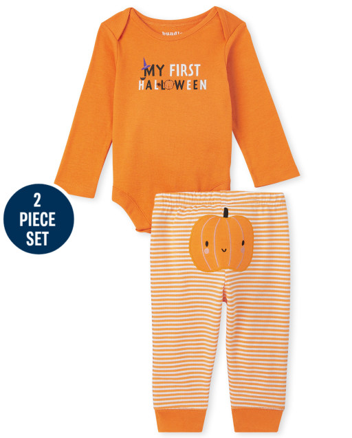 Body unisex de manga larga para bebé "My First Halloween" y pantalones de punto a rayas con gráfico de calabaza de 2 piezas