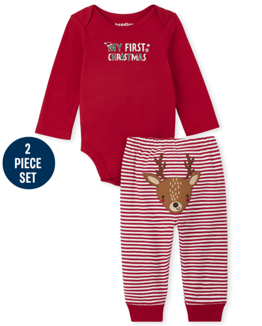 Unisex Baby Long Sleeve 'My First Christmas' Bodysuit And Striped Knit Pants With Reindeer Graphic 2-Piece Set