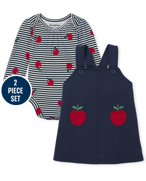Baby Girls Long Sleeve Striped Bodysuit And Apple  Skirtall 2-Piece Playwear Set