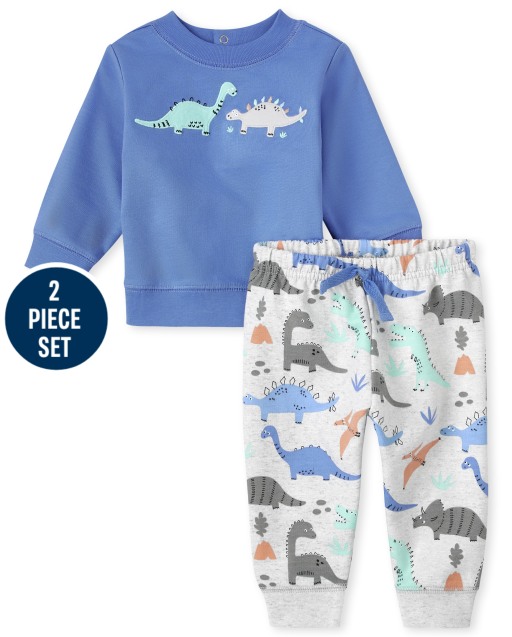 Conjunto de ropa de juego de 2 piezas con sudadera de dinosaurio de manga larga y pantalones de punto con estampado de dinosaurio para bebé niño