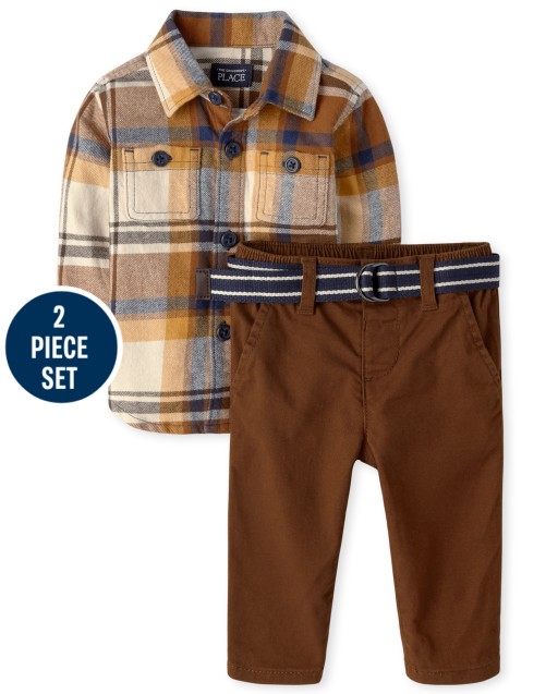 Baby Boys Dad And Me Long Sleeve Plaid Flannel Button Down Shirt And Belted Woven Chino Pants 2-Piece Set