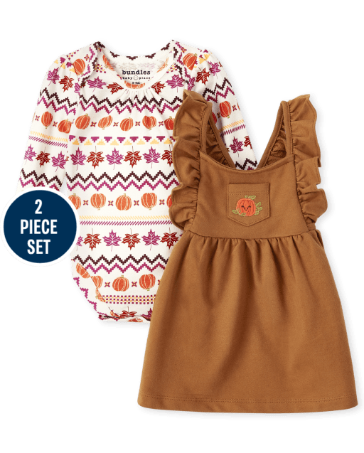 Baby Girls Long Sleeve Pumpkin Fairisle Print Bodysuit And French Terry Dress 2-Piece Playwear Set