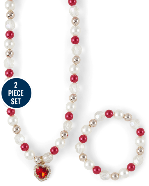 Girls Heart Beaded Necklace And Bracelet Set