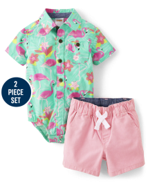 Bébé Garçons Famille assorti Flamingo Button Up Body And Pull On coton chino Short Ensemble - Tropical Paradise