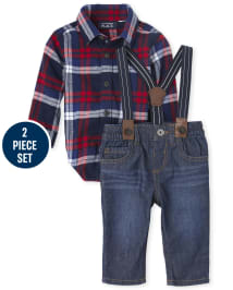 Baby Boys Long Sleeve Plaid Flannel Button Down Bodysuit Jeans And