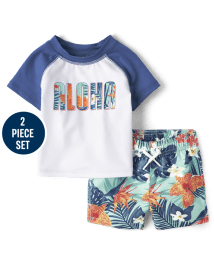 Maillot de bain bebe garcon assorti a manches raglan courtes Aloha Rashguard et maillot de bain imprime tropical MELLOW AQUA The Children s Place CA