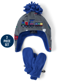 Toddler Boys Train Microfleece Pom Pom Hat And Mittens 2 Piece Set