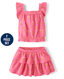 Ensemble 2 pièces à volants et motif floral pour petite fille